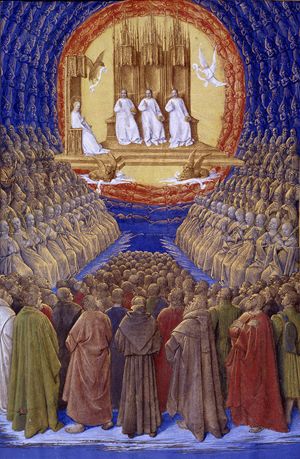 La santissima trinità, Miniatura di Jean Fouquet (1420 ca. - 1477 ca.). Chantilly, Musée Condé. La santissima trinità, Miniatura di Jean Fouquet (1420 ca. - 1477 ca.). Chantilly, Musée Condé.