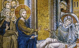 Gesù guarisce la suocera di Pietro; mosaico dei secoli XII - XIII secolo, Duomo di Monreale Gesù guarisce la suocera di Pietro; mosaico dei secoli XII - XIII secolo, Duomo di Monreale