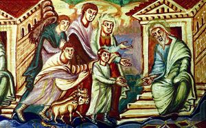 Elqana e Anna portano Samuele dal sacerdote Eli, miniatura del IX secolo dalla Bibbia di Carlo il Calvo. Roma, Biblioteca del Convento della basilica di San Paolo fuori le Mura.