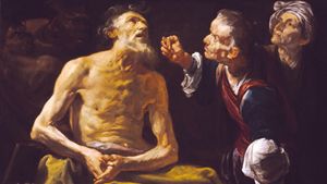 GIOBBE DERISO DALLA MOGLIE Dipinto di Giovacchino Assereto (1600-1649). Museo di belle arti di Budapest. GIOBBE DERISO DALLA MOGLIE Dipinto di Giovacchino Assereto (1600-1649). Museo di belle arti di Budapest.