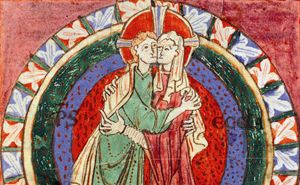 Cristo abbraccia la Chiesa, miniatura da un Vangelo francese dell’XI secolo. Valenciennes, Biblioteca municipale. Cristo abbraccia la Chiesa, miniatura da un Vangelo francese dell’XI secolo. Valenciennes, Biblioteca municipale.