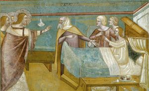 Risurrezione della figlia di Giairo, affresco di scuola bolognese. Abbazia di Pomposa.